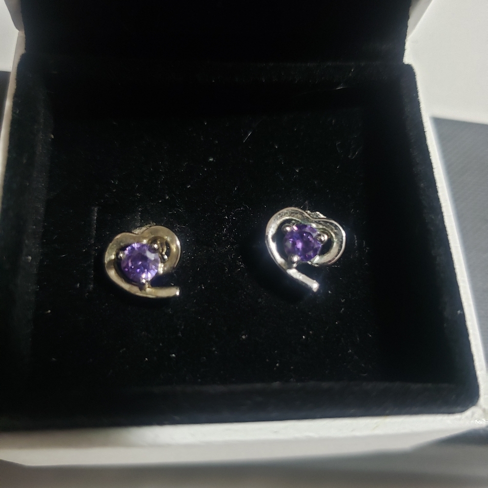 Heart Amethyst Stud Earrings - Purple Silver Tone